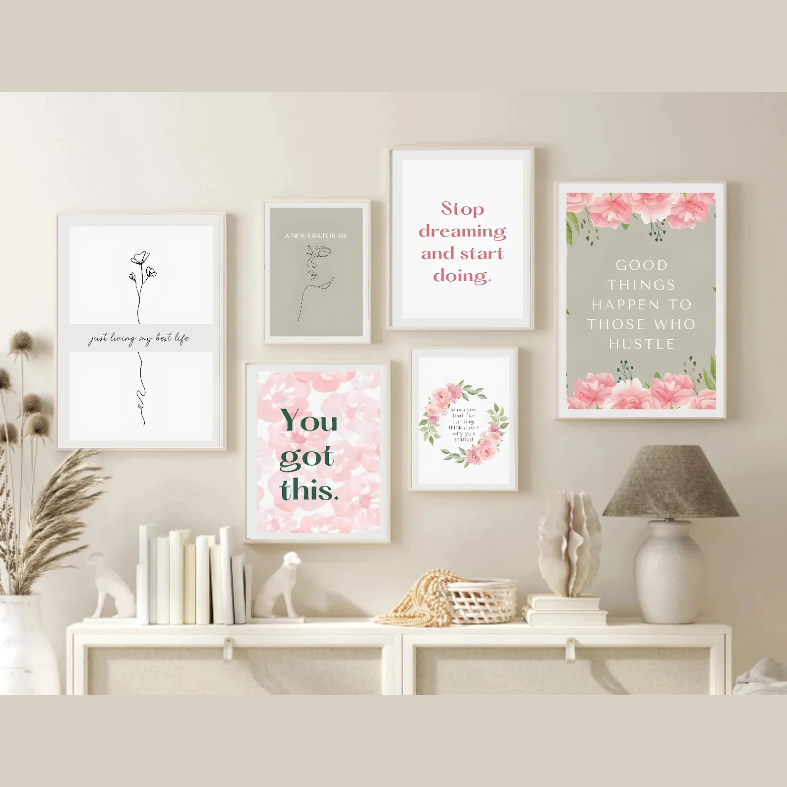 6 Pack Girls Room Abstract Pink Tone Modern Print Frame set ( 12x16" 2 pc, 8x12" 2 pc, 6x8" pc)