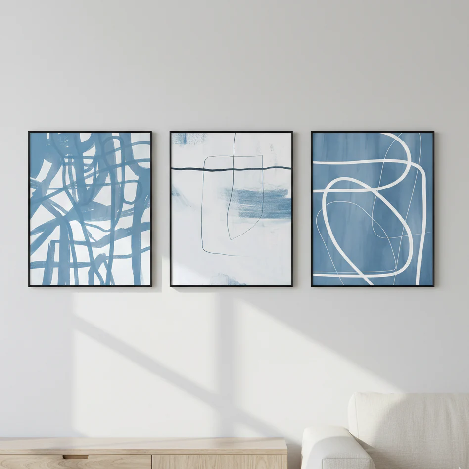 Set of 3 Blue Abstract Art Frames: Modern Brush Stroke Print frame Set