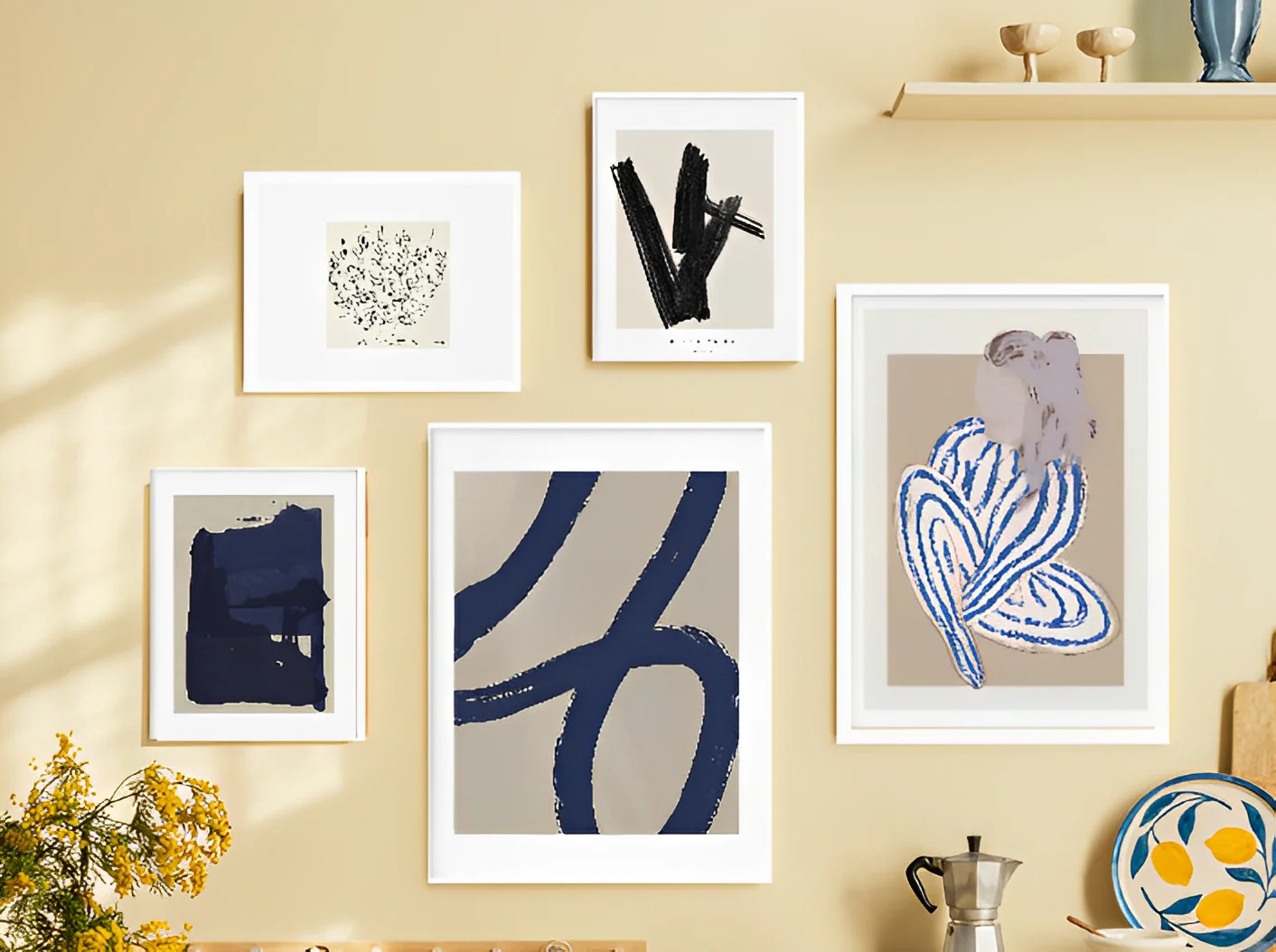 Pack of 5 Aesthetic Wall Art Abstract Mid Century Modern Frame set ( 12x16" 2 pc, 8x12" 3 pc)